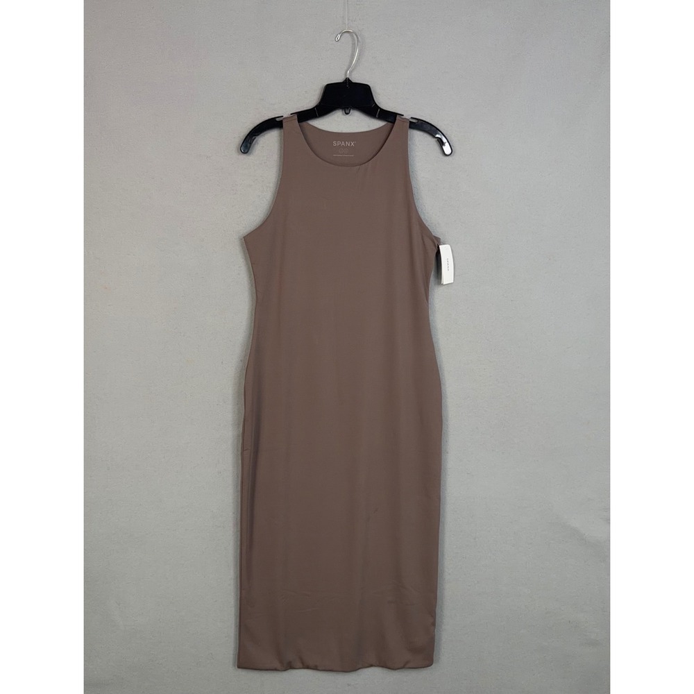 Spanx Dress Womens Large Smooth Jersey Midi Racer Smoke Brown Sleeveless Stretch